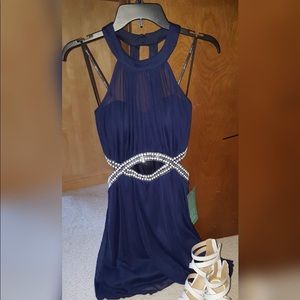 Juniors Navy Blue Pearl beaded belt Flowy dress